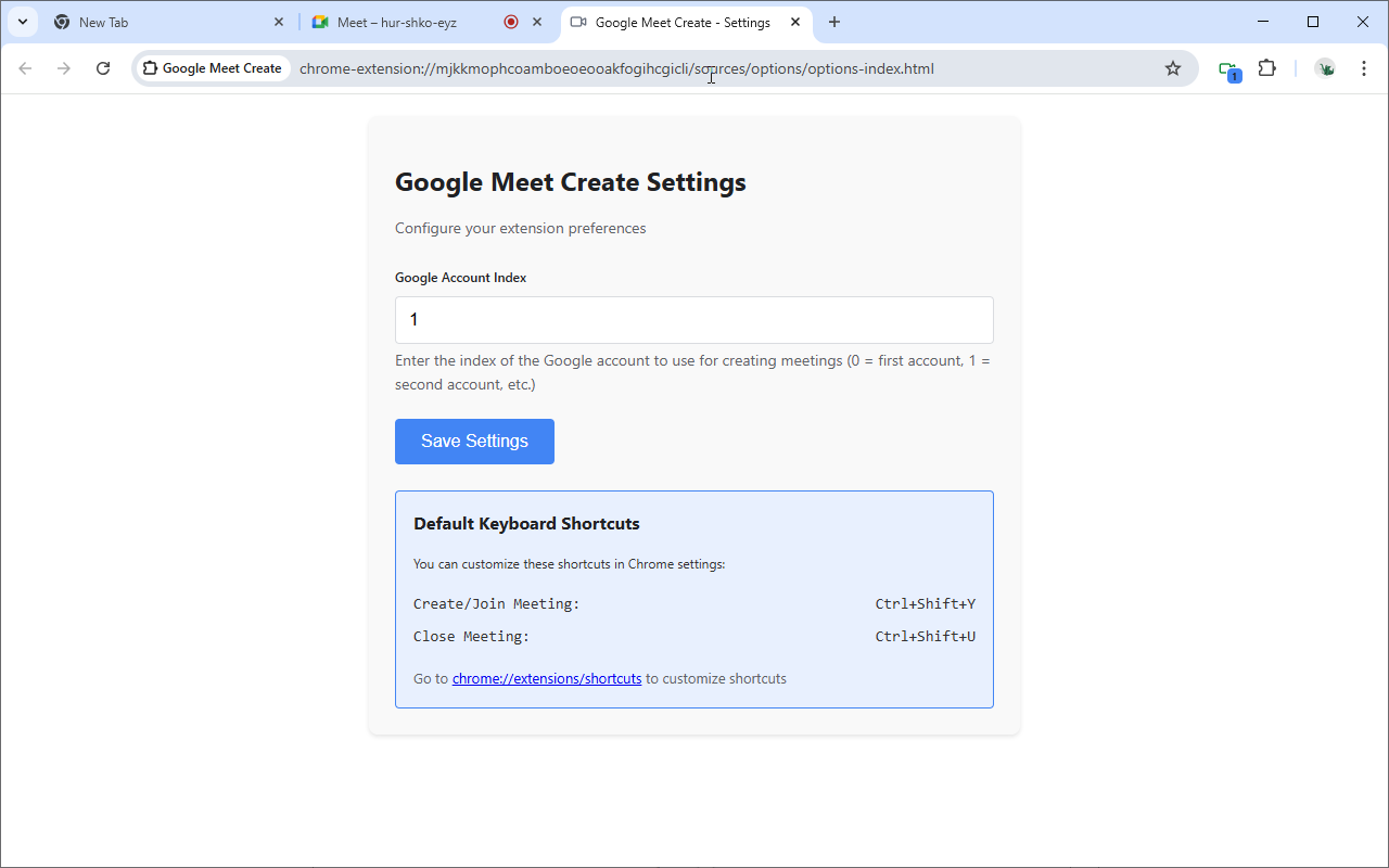 Options page with account configuration
