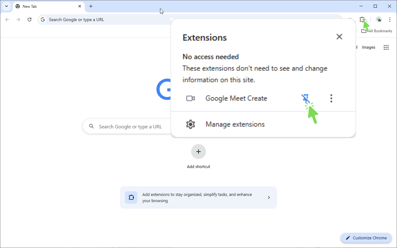 Pinning extension to toolbar
